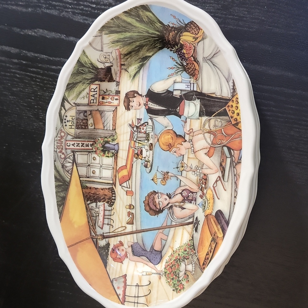 Vintage Oval Cannes Casino Hotel Plates  (3) 8" x 5.75"  Italy Poolside Scene